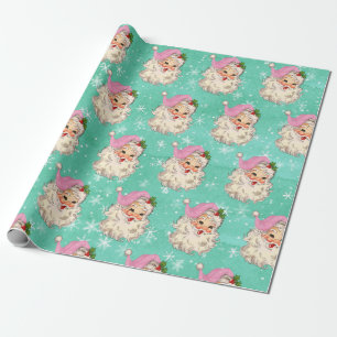 Ouderwetse Roze Waterverf Kerstman Retro Cadeaupapier