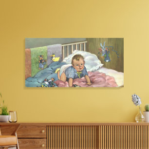 Ouderwetse schattige baby speelt in ledikantje, ki canvas afdruk