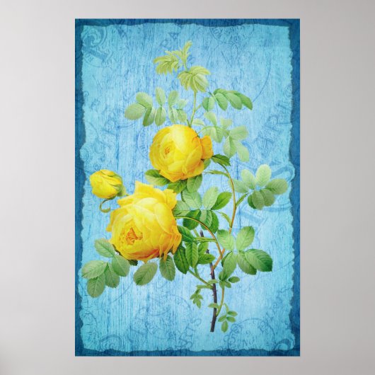 Ouderwetse Shabby Chic Gele Rozen Op Blauwe Houten Poster (Voorkant)