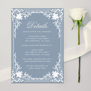 Ouderwetse Stof Blauw Elegant Script Trouwdetails Informatiekaartje