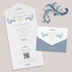 Ouderwetse Stofblauwe Gouden QR Code Bruiloft All In One Uitnodiging