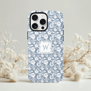 Ouderwetse stoffige blauwe en witte bloemenmonogra iPhone 11 hoesje