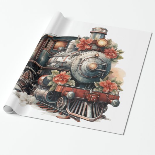 Ouderwetse stoomtrein retro kerst cadeaupapier (Uitgerold)