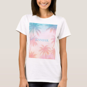 Ouderwetse strand zonsondergang palmbomen pastel t-shirt