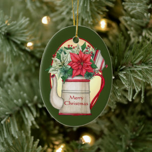 Ouderwetse theepot met poinsettia's Kerst Keramisch Ornament