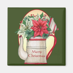 Ouderwetse theepot met poinsettia's Kerst Magneet