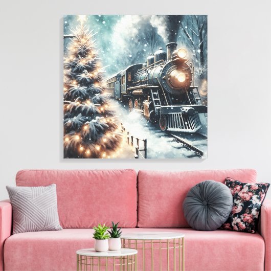 Ouderwetse trein en  winterscène canvas afdruk (Insitu (Woonkamer))