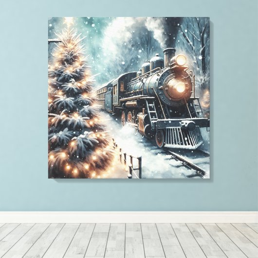 Ouderwetse trein en  winterscène canvas afdruk (Insitu (Houten vloer))