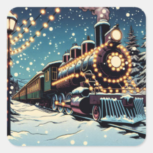 Ouderwetse  trein op een kerstnacht vierkante sticker