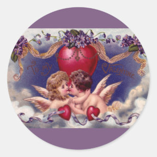 Ouderwetse Valentijnsdag, cherubijnen knuffelen in Ronde Sticker