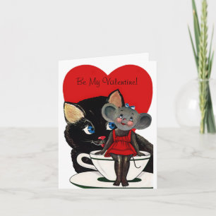 Ouderwetse Valentijnsdag, Kat Muis Theekopje Hart Feestdagen Kaart