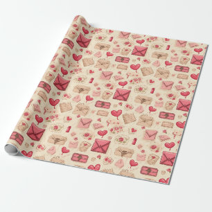 Ouderwetse Valentijnsdag Roze Hartjes Letters Cadeaupapier