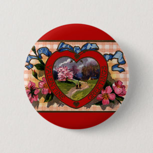 Ouderwetse Valentijnsdaggroeten Hart en Bloemen Ronde Button 5,7 Cm