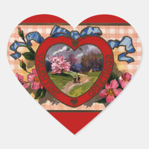 Ouderwetse Valentijnsdaggroeten Hart en Bloemen Sticker