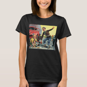 Ouderwetse verkeersregelaar helpt meisje t-shirt