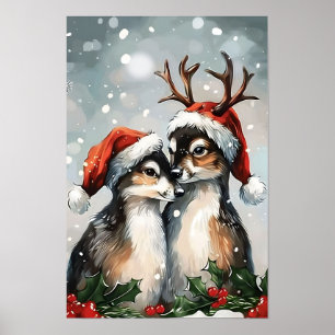 Ouderwetse Vrolijke Kerst Koppel Herten Poster