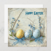 Ouderwetse waterverf blauwe & gele paaseieren feestdagenkaart (Voorkant / Achterkant)