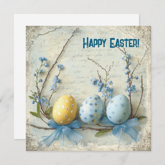 Ouderwetse waterverf blauwe & gele paaseieren feestdagenkaart (Voorkant / Achterkant)