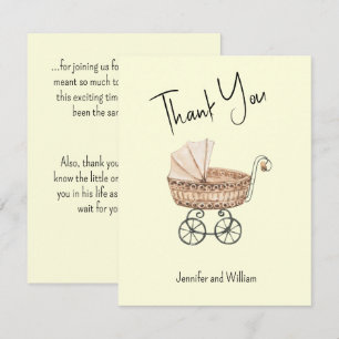 Ouderwetse waterverf rieten babybuggy baby shower bedankkaart