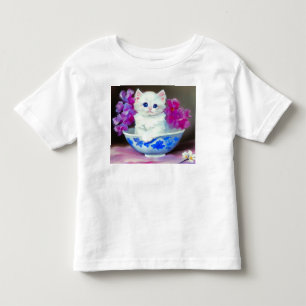 Ouderwetse witte kat met roze bloemen kinder shirts