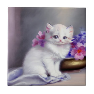 Ouderwetse witte kitten met roze en paarse bloemen tegeltje
