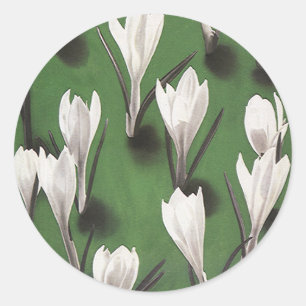Ouderwetse witte krokus bloempatroon, tuinvlinder ronde sticker