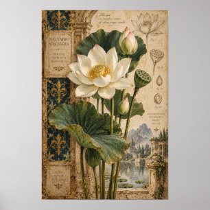 Ouderwetse Witte Lotus Botanische Muurkunst Poster