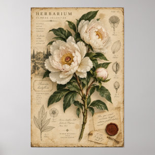 Ouderwetse witte pioen Herbarium Botanische Muurku Poster