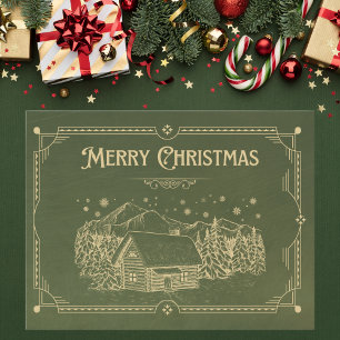 Oudgroene en gouden vrolijke kerstcabin briefkaart