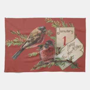 Oudjaars vogels Antieke Kerstkaart Theedoek