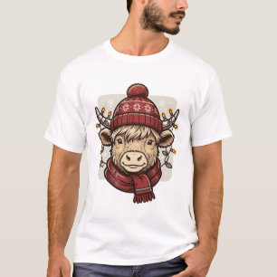 Oudroze Kerstmis Hoogland Koe Vector T-shirt Ontwe