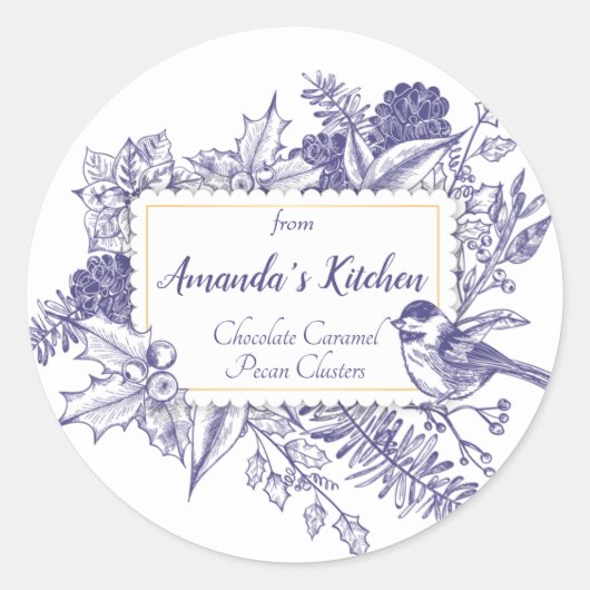 Oudroze Kersttoile, Vogel Dennenappels Ronde Sticker (Voorkant)