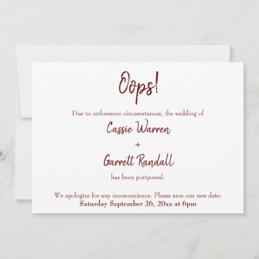 Oups ! Bourgogne Reporté Faire-part Mariage (Devant)