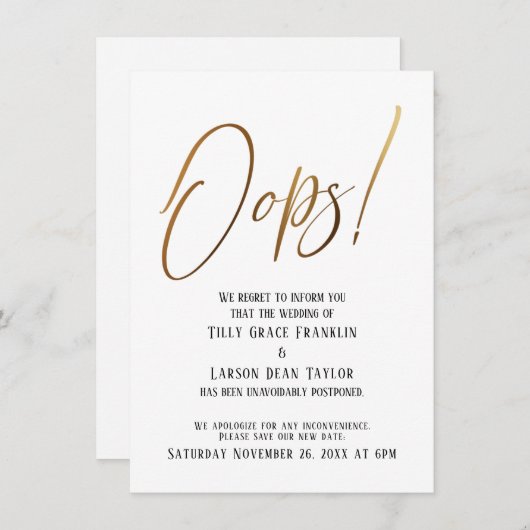 Oups ! Drôle Gold Faire-part Mariage retardé (Devant / Derrière)