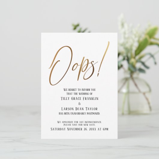 Oups ! Drôle Gold Faire-part Mariage retardé (Debout devant)