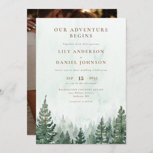 Our Adventure Rustic Pine Forest Photo Wedding Kaart (Voorkant / Achterkant)