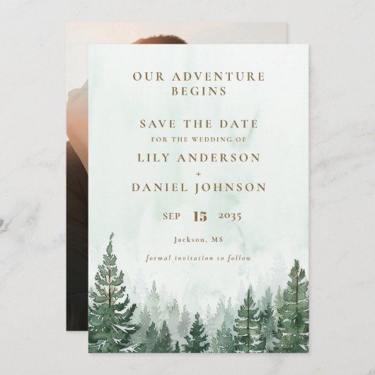 Our Adventure Rustic Pine Forest Photo Wedding Save The Date (Voorkant / Achterkant)