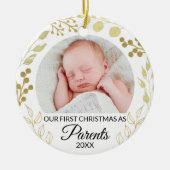 Our First Christmas As Parents Photo Gold Foliage Keramisch Ornament (Voorkant)
