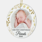Our First Christmas As Parents Photo Gold Foliage Keramisch Ornament (Links)
