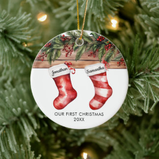 Our first Christmas cute stocking couple Keramisch Ornament