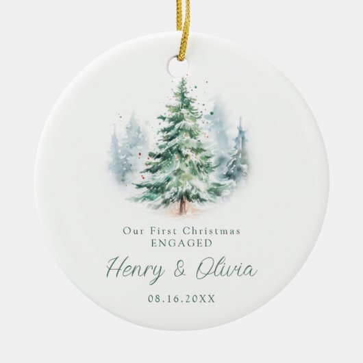Our First Christmas Engaged Modern Script Tree Keramisch Ornament (Voorkant)