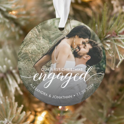 OUR First Christmas Engaged overlay Custom Photo Ornament (Boom)