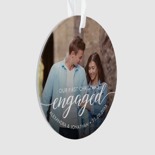 Our First Christmas Engaged Script Custom Photo Ornament (voorkant)