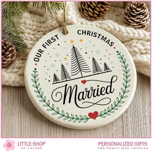 Our First Christmas Married Customizable Photo Keramisch Ornament