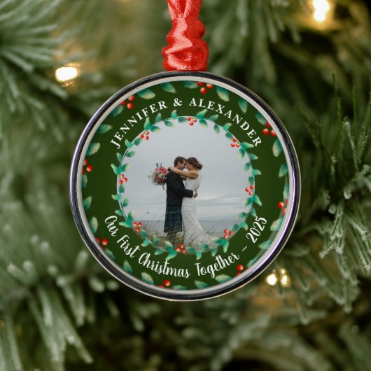 Our first christmas together holly photo metalen ornament (Boom)