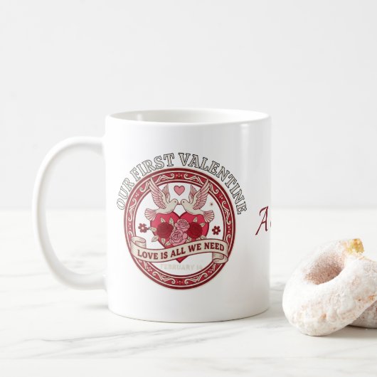 Our First Valentine Love Birds Custom Initial Mug (Avec donut)