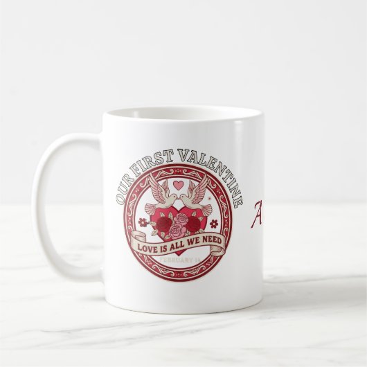 Our First Valentine Love Birds Custom Initial Mug (Gauche)