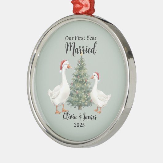 Our First Year Married Goose Custom Christmas Metalen Ornament (Links)