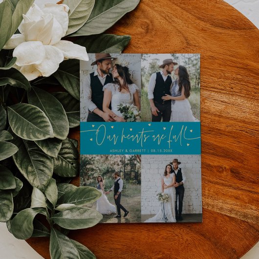 Our Hearts Are Full Wedding Photo Aqua Blue Bedankkaart
