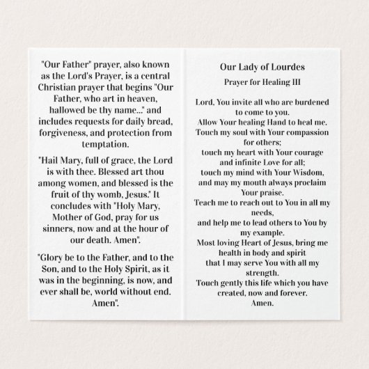 Our Lady of Lourdes Prayer Card (Inside Unfolded)